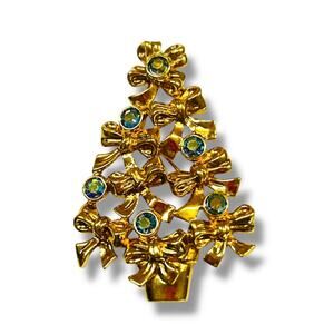 Goldtone Christmas Tree Brooch Pin Blue Green Accents Bows 2.25"